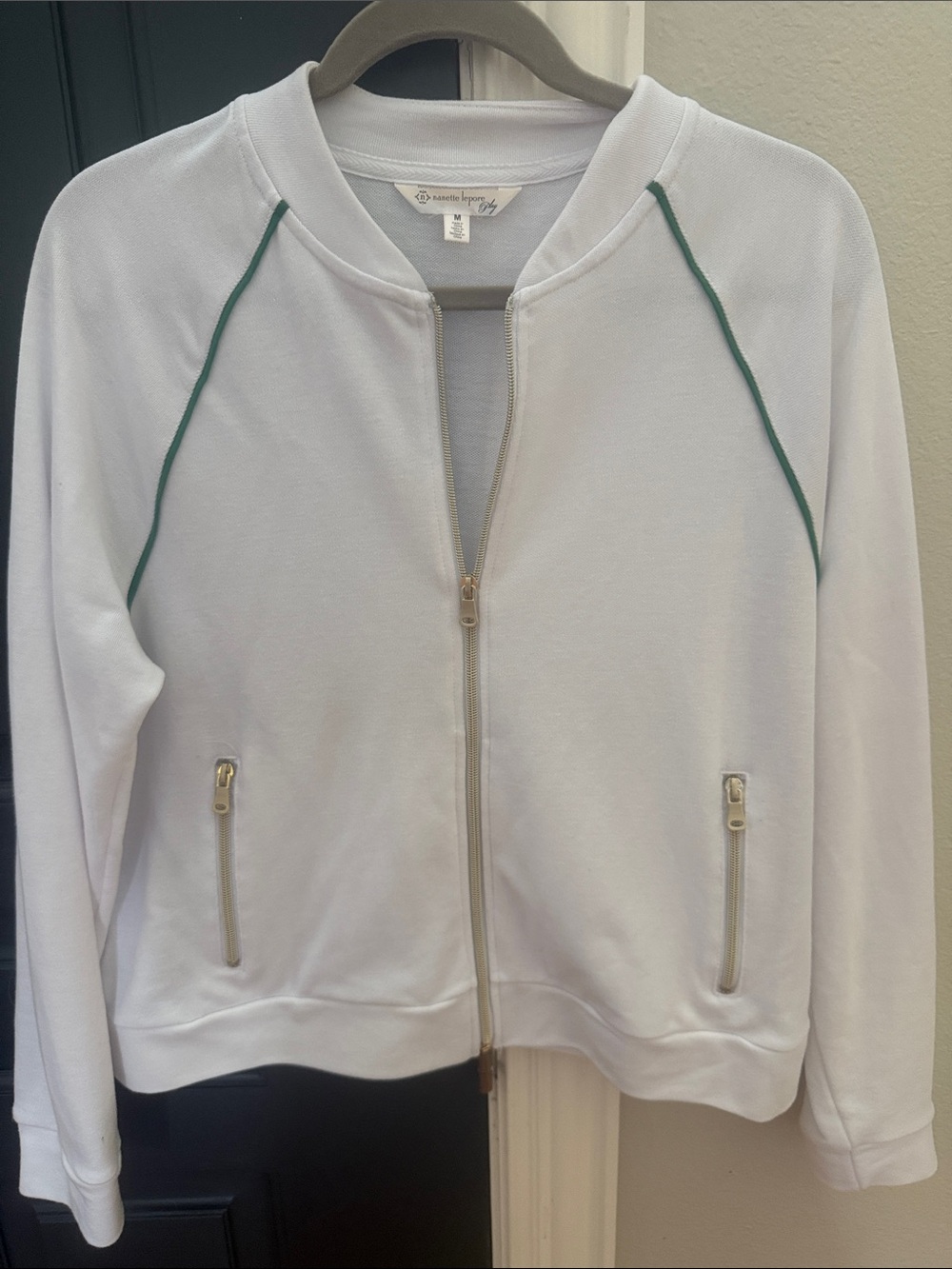 Nanette Lepore White Bomber Jacket with Green Piping and Gold Zips